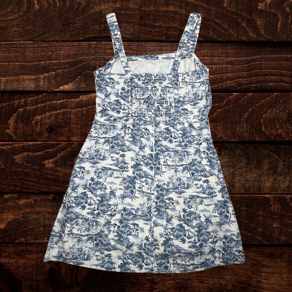 Abercrombie & Fitch Linen Blend Ruched Squareneck Mini Dress Blue White Toile LP - Picture 3 of 8